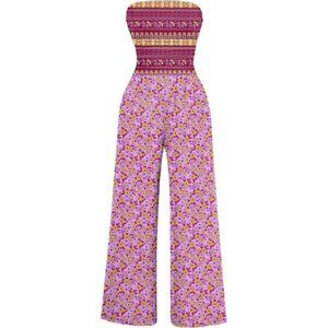 Women's Casual Summer Strapless Jumpsuits Purple Print